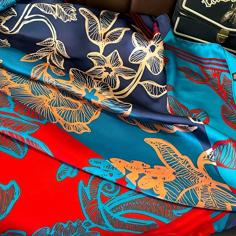 Vintage Flower Print Scarf Silk Shawl Women Head Wrap Satin Sunscreen