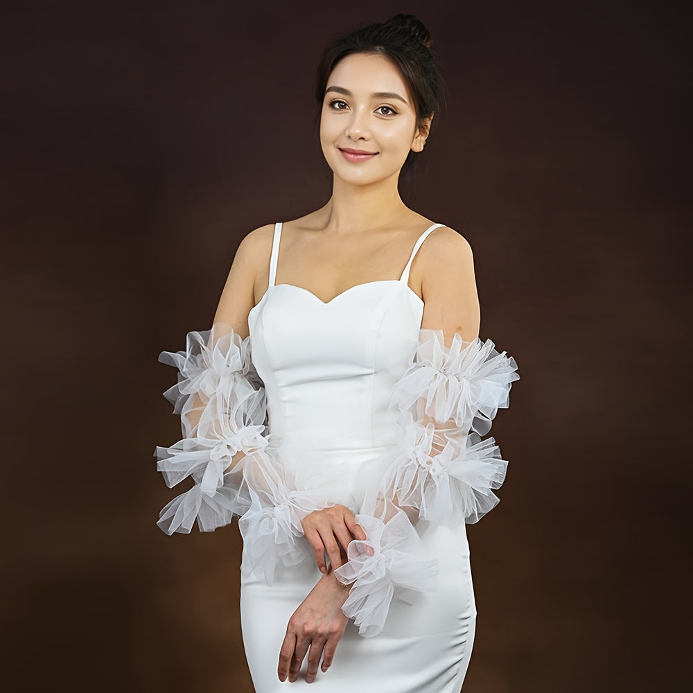 Bridal Wedding Gloves with Mesh & Fluffy Sleeves