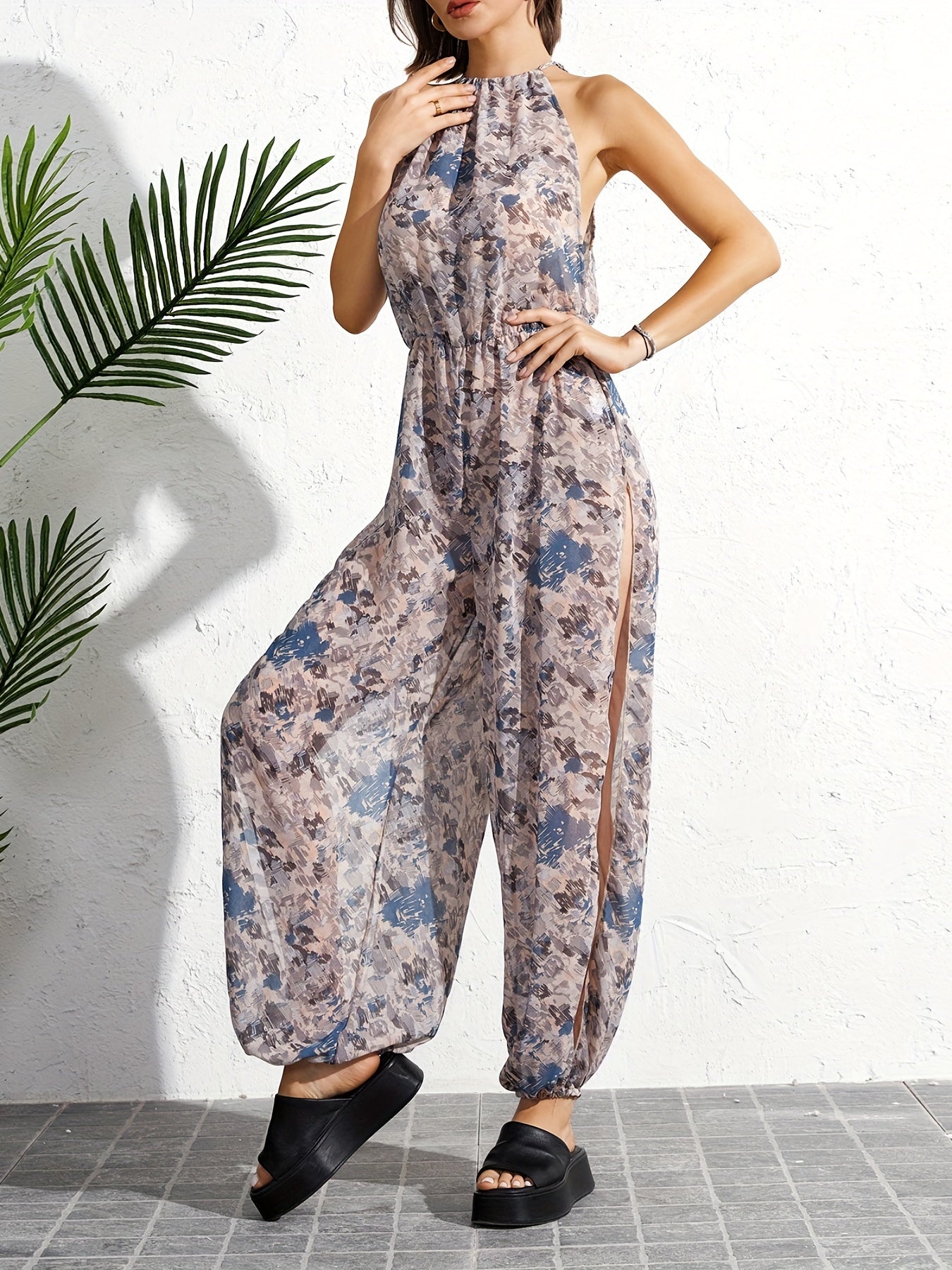 Print Tie Neck Side Split Cover Up Jumpsuit Sexy Beach Cover Up