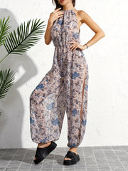 Print Tie Neck Side Split Cover Up Jumpsuit Sexy Beach Cover Up