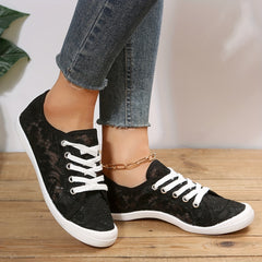 Women's Black Mesh Sneakers Lace Up Flat Shoes