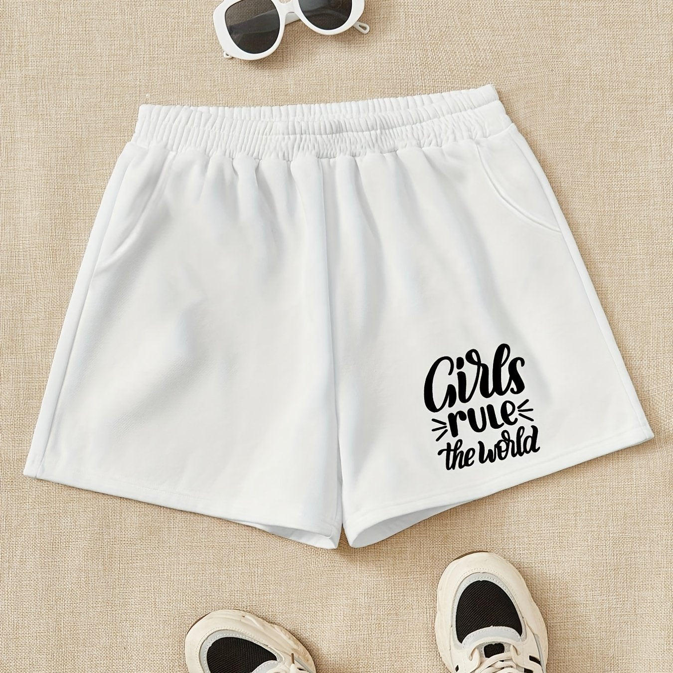 Girls 'Girls Rule The World' Sweat Shorts Elastic Waist