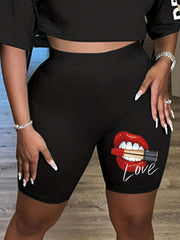Women's Lipstick & Mouth Print High Rise Biker Shorts