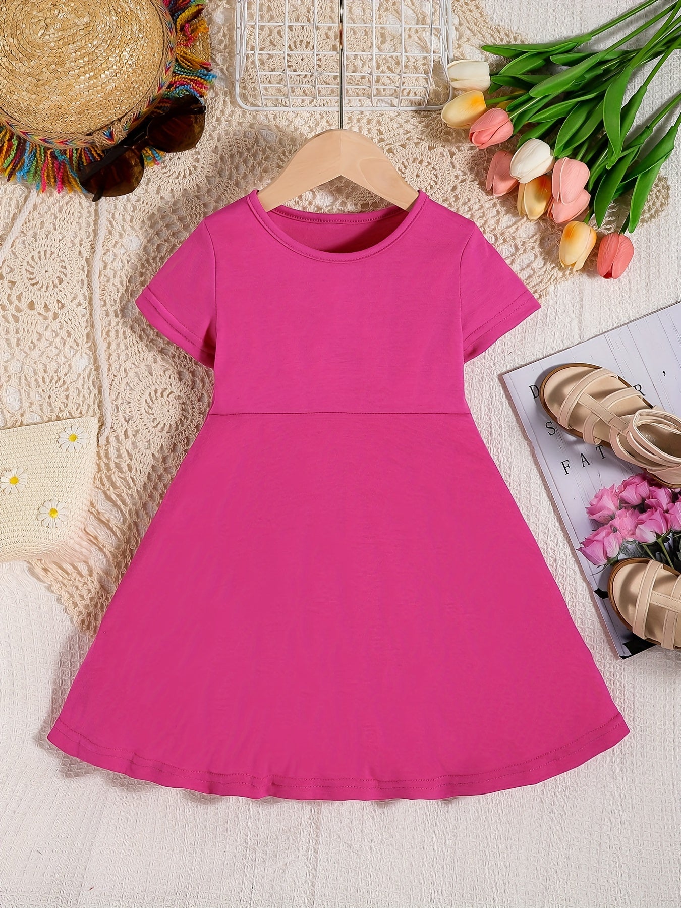 Girls Short Sleeve A-line Swing Skater Dress School Party Dress