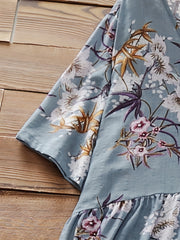 Floral Print Short Sleeve V Neck Loose Dress