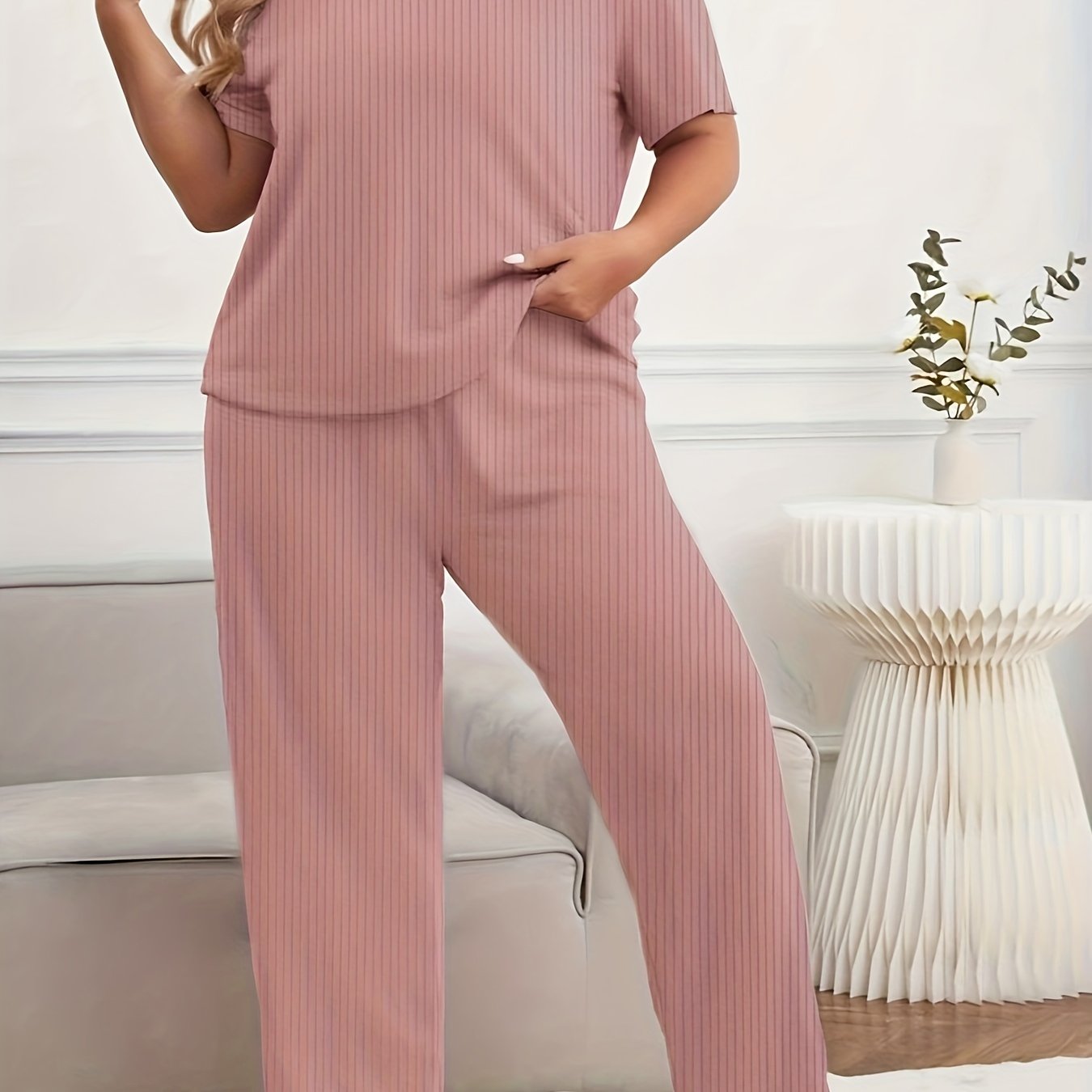 Ribbed Knit Polo Neck Top & Pants Lounge Set