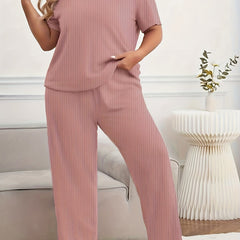 Ribbed Knit Polo Neck Top & Pants Lounge Set