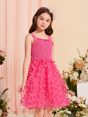 Butterfly Print Shirred Strappy Sundress for Girls