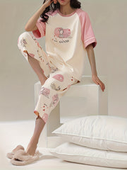 Bunny Print Pajamas Set Short Sleeve Top & Crop Pants