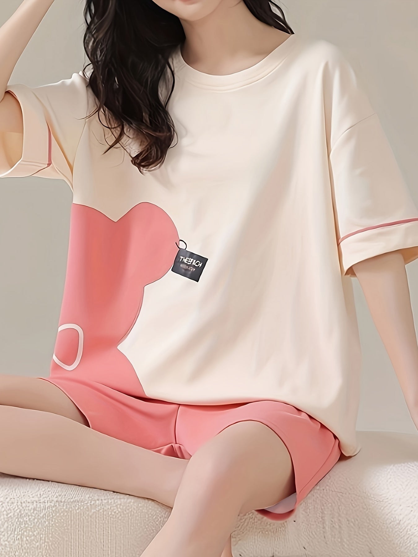 Bear Print Pajama Set Short Sleeve Top & Shorts Women's Sleepwear