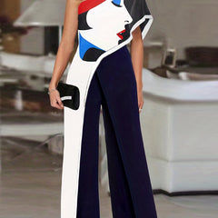 Abstract Print One Shoulder Wide Leg Jumpsuit