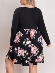 Colorblock Floral Print V Neck Dress
