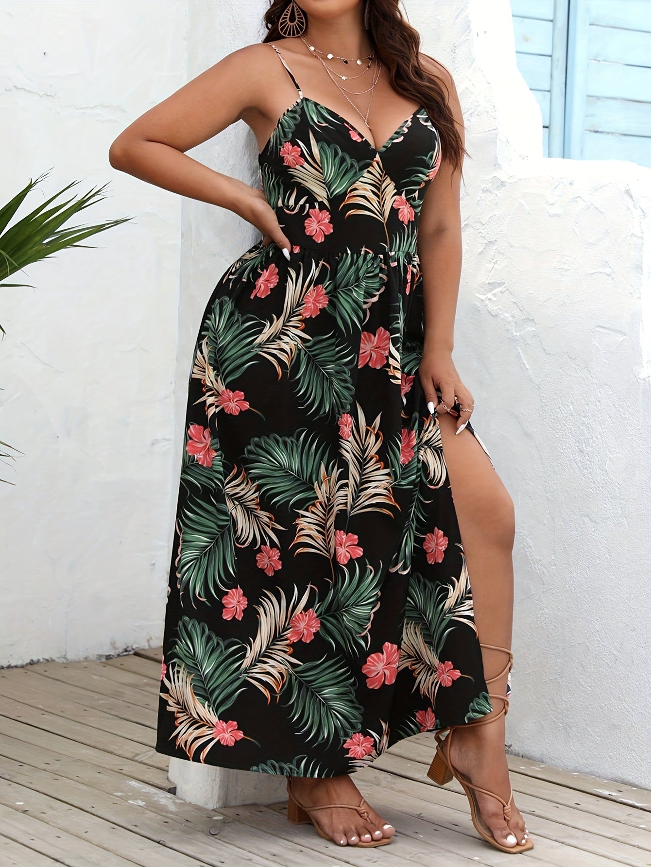 Boho Dress Women's Plus Tropical Print V Neck Maxi Dress