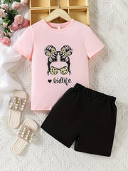 2pcs Girls Figure & Letter Graphic T Shirts & Shorts Set