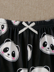 Panda Print Pajama Set Cami Top & Bow Tie Shorts