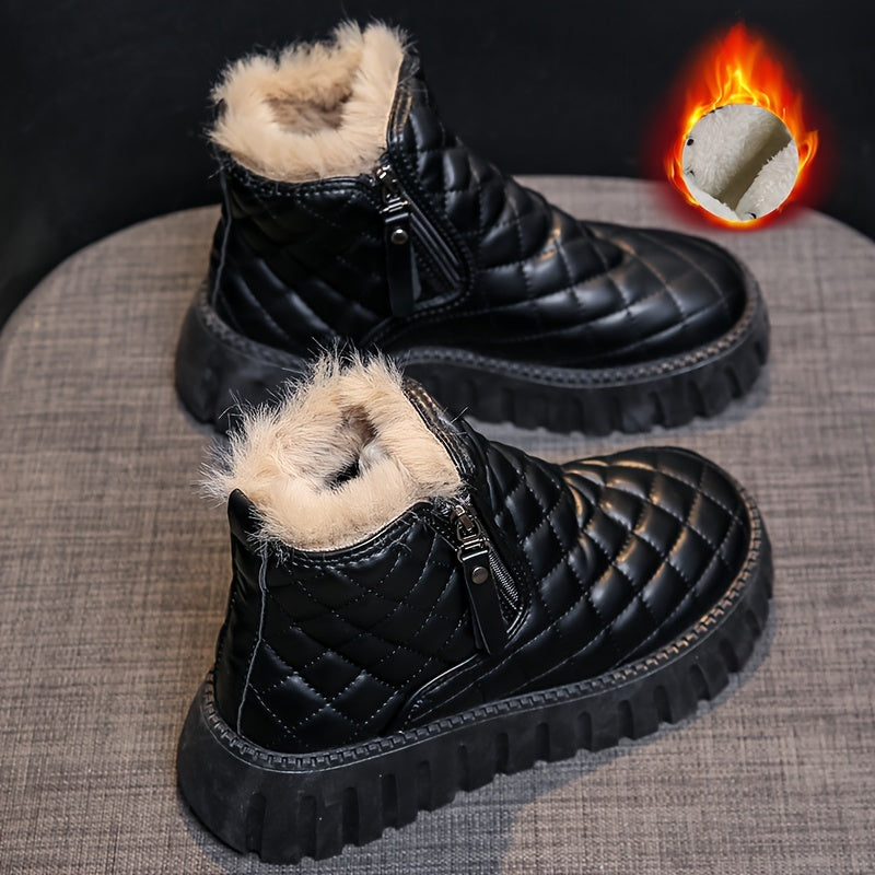 Women's Argyle Quilted Snow Boots Fleece Lining Zipper Platform Warm Ankle Boots