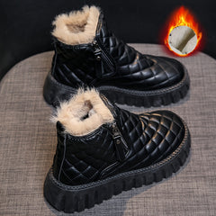 Women's Argyle Quilted Snow Boots Fleece Lining Zipper Platform Warm Ankle Boots