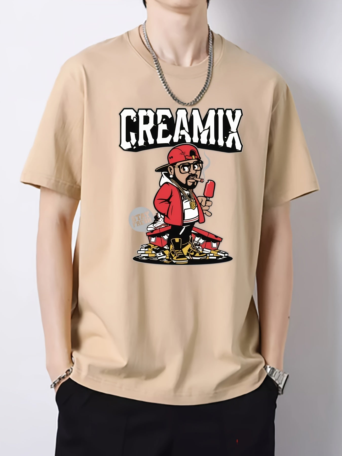 Men's Slim Fit Printed Round Neck T-Shirt for Spring Summer