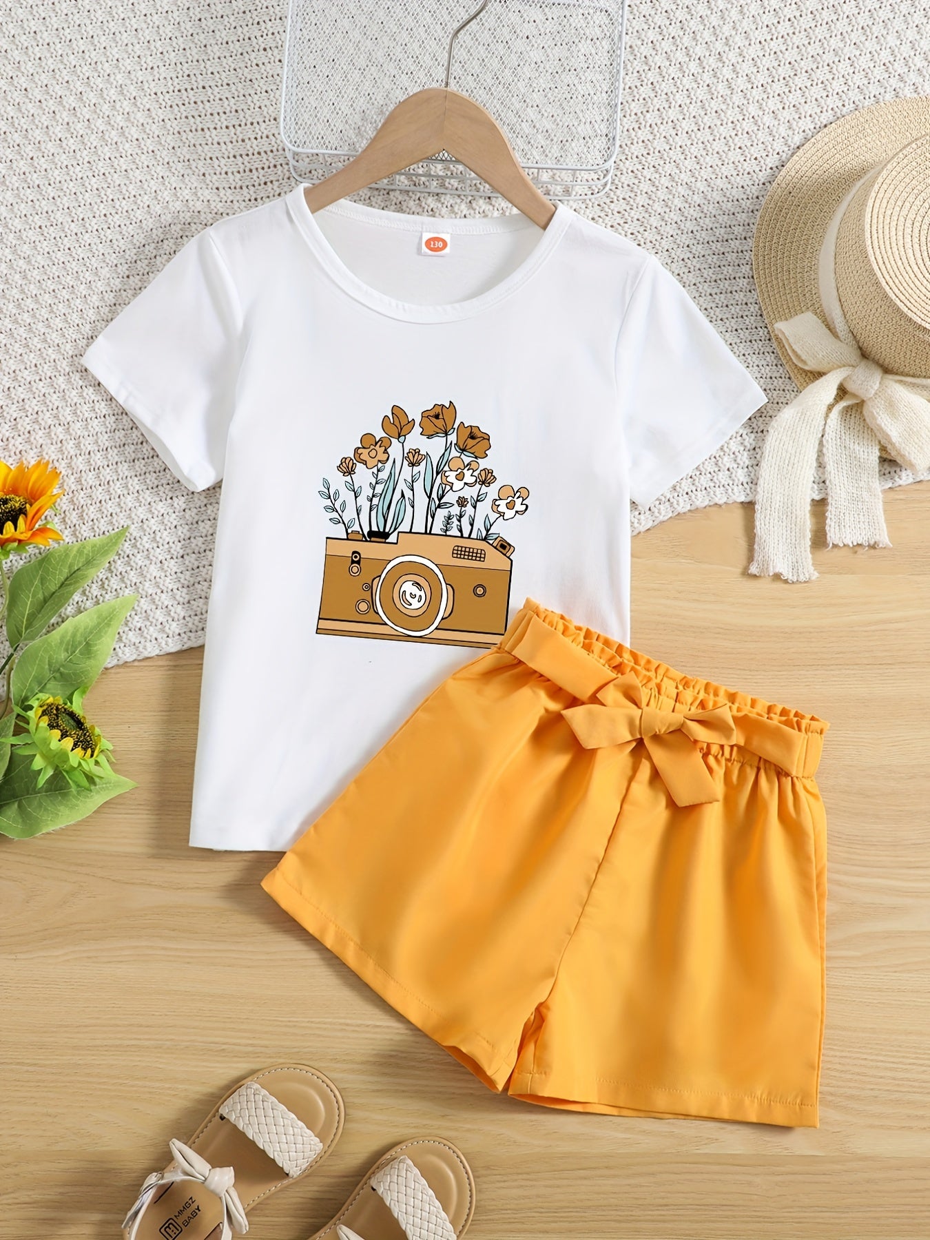 2pcs Toddler Girls Flowers Graphic T Shirts & Paperbag Waist Belted Shorts Set