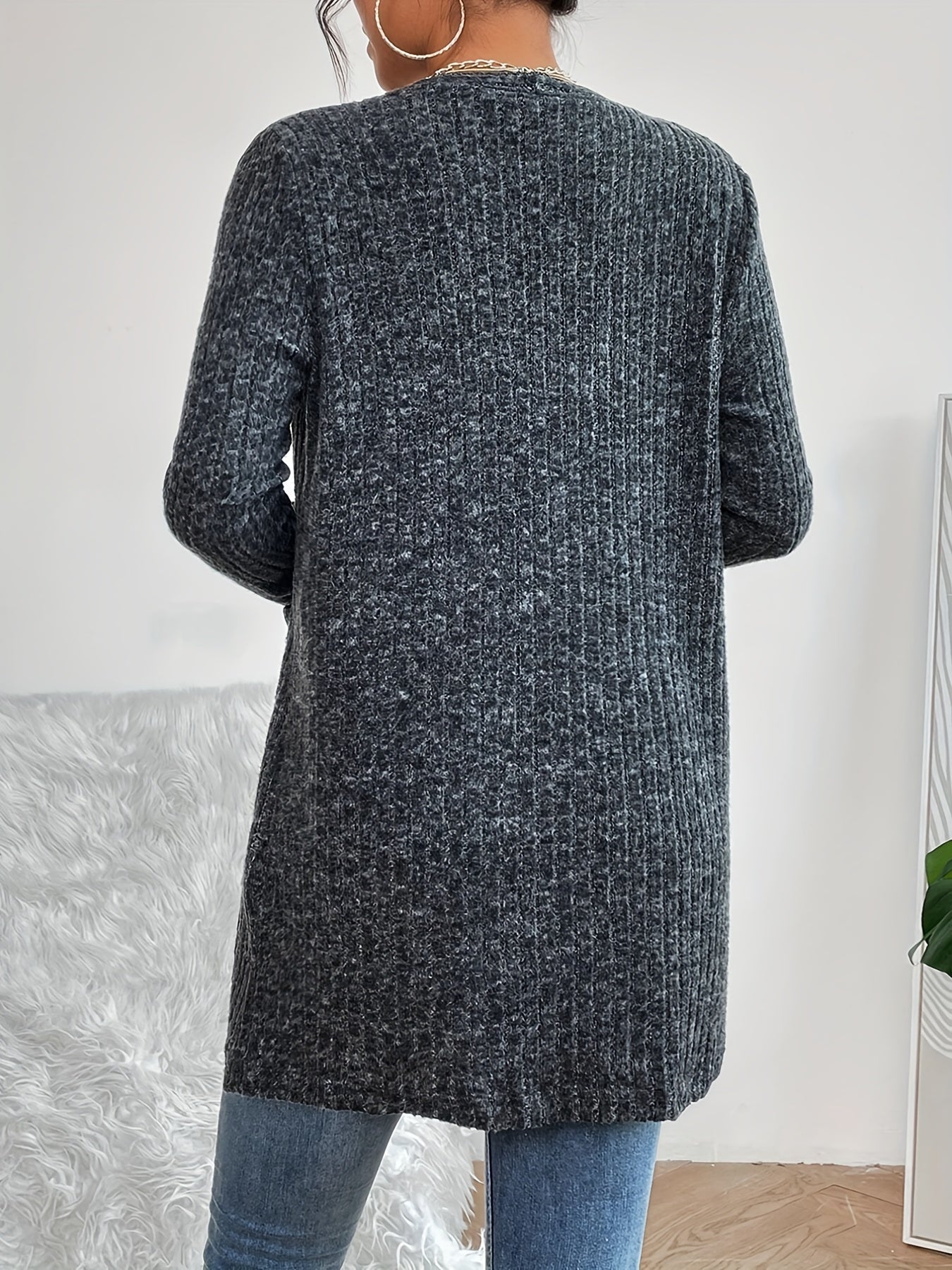 Solid Ribbed Long Sleeve Open Front Cardigan With Pockets