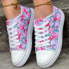 Flamingo Print Canvas Shoes for Women Lace Up Lightweight Low Top Sneakers