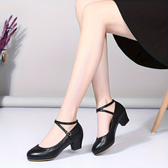 Women's Dance Shoes Cross Strap Chunky Heel Pumps