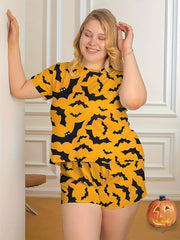 Bat Print Pajama Set Women's Plus Short Sleeve Tee & Shorts Set