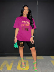 Letter Print Matching Two piece Set Casual Short Sleeve T shirt & Skinny Shorts