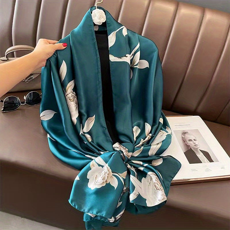 Leaf Print Satin Scarf Silk Shawl Women Head Wrap