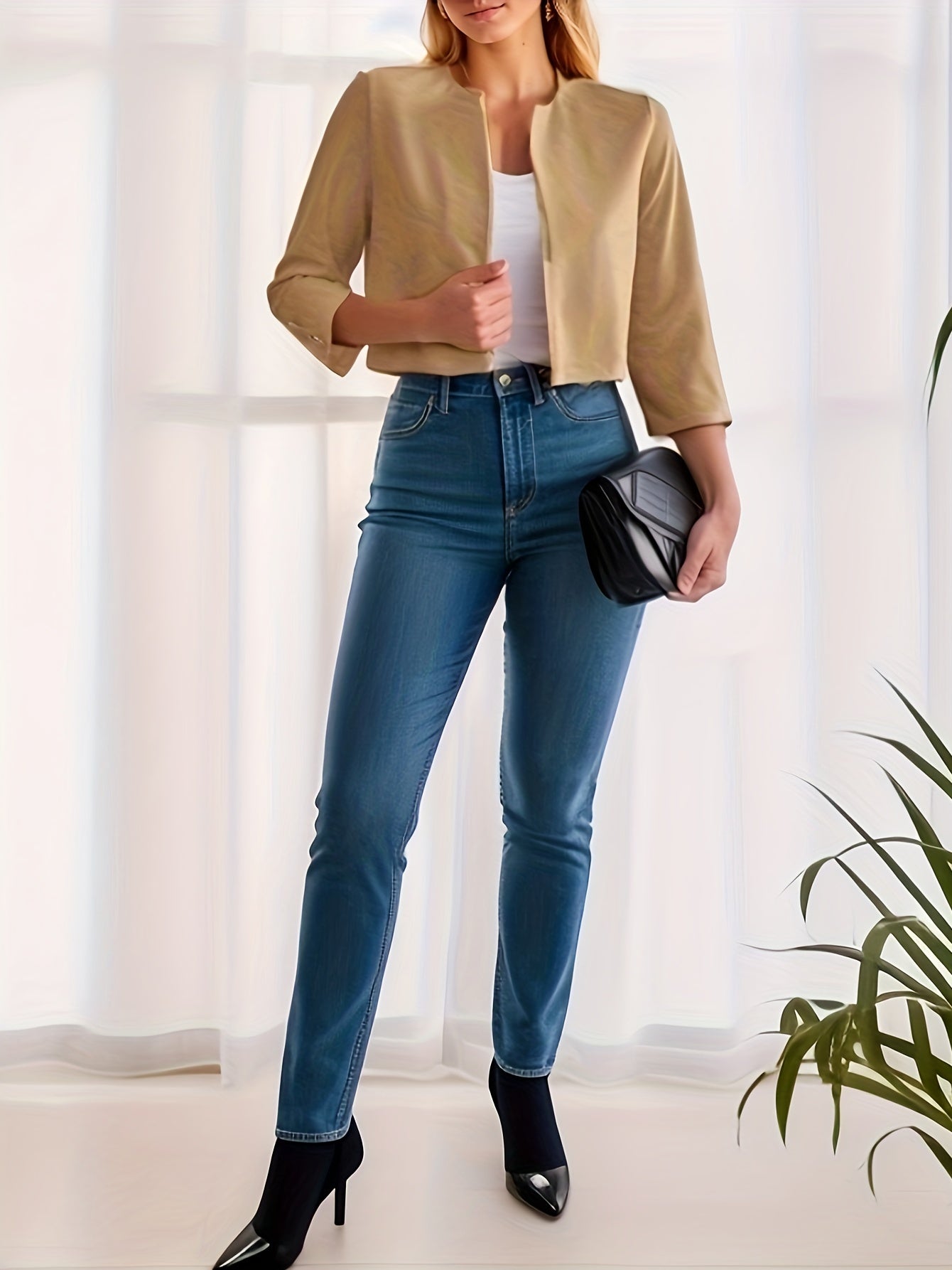 3 4 Sleeve Casual Open Front Jacket Women's Outerwear