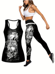 Women's Plus Floral Skull Print Tank Top & Leggings Set