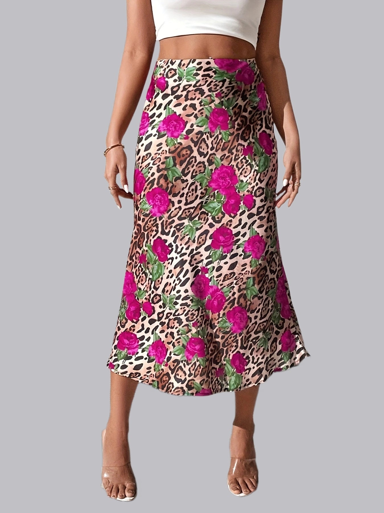 Leopard & Floral Patchwork Print Skirt for Women