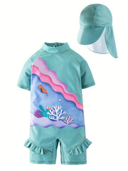 Girls Cartoon One Piece Romper Swimsuit with Hat