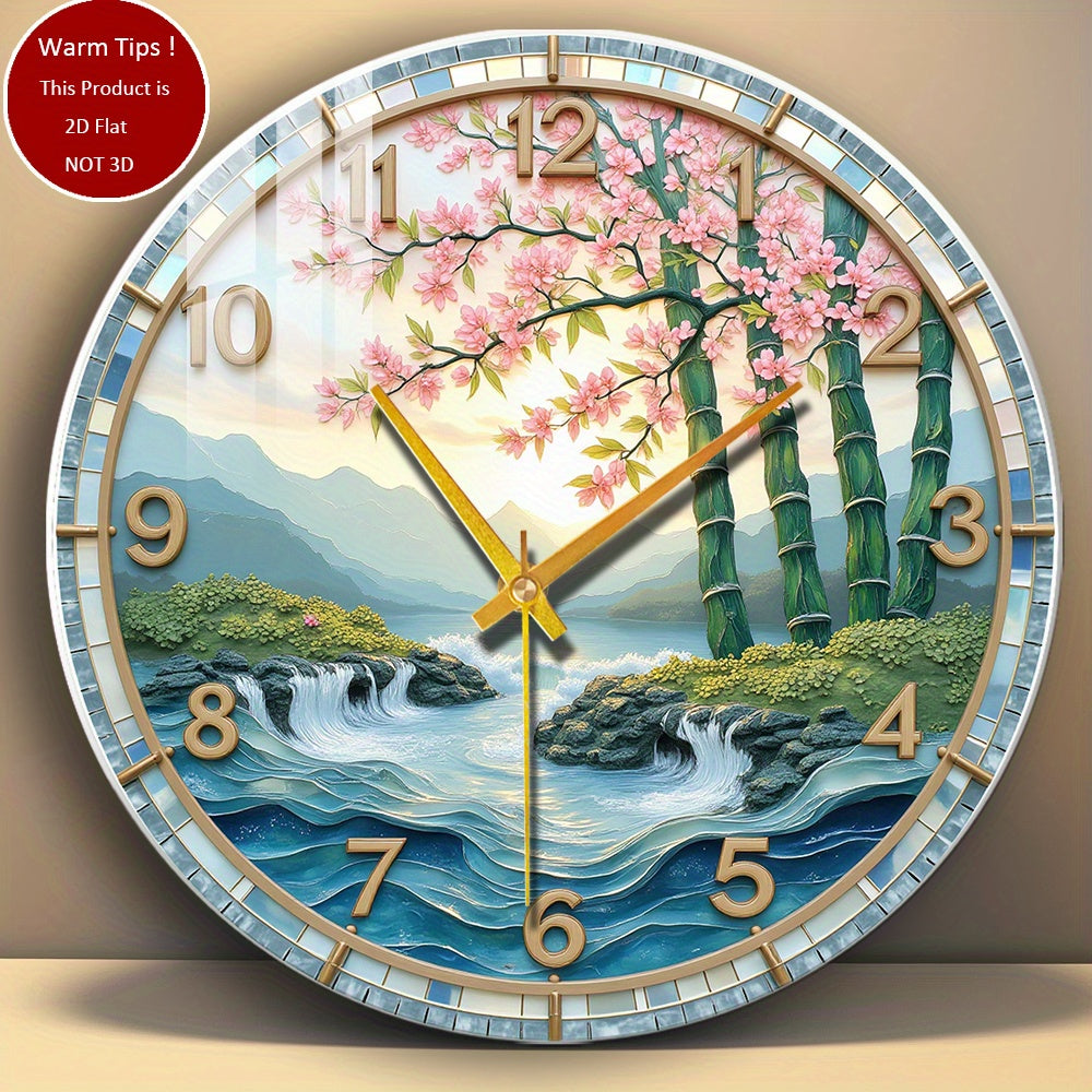 Japanese Landscape Wall Clock Cherry Blossoms Bamboo Mountain Stream