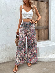 Paisley Print Wide Leg Pants High Waist Boho Long Length