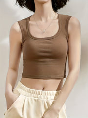 Solid Square Neck Tank Top Wide Straps Padded Sports Vest Top
