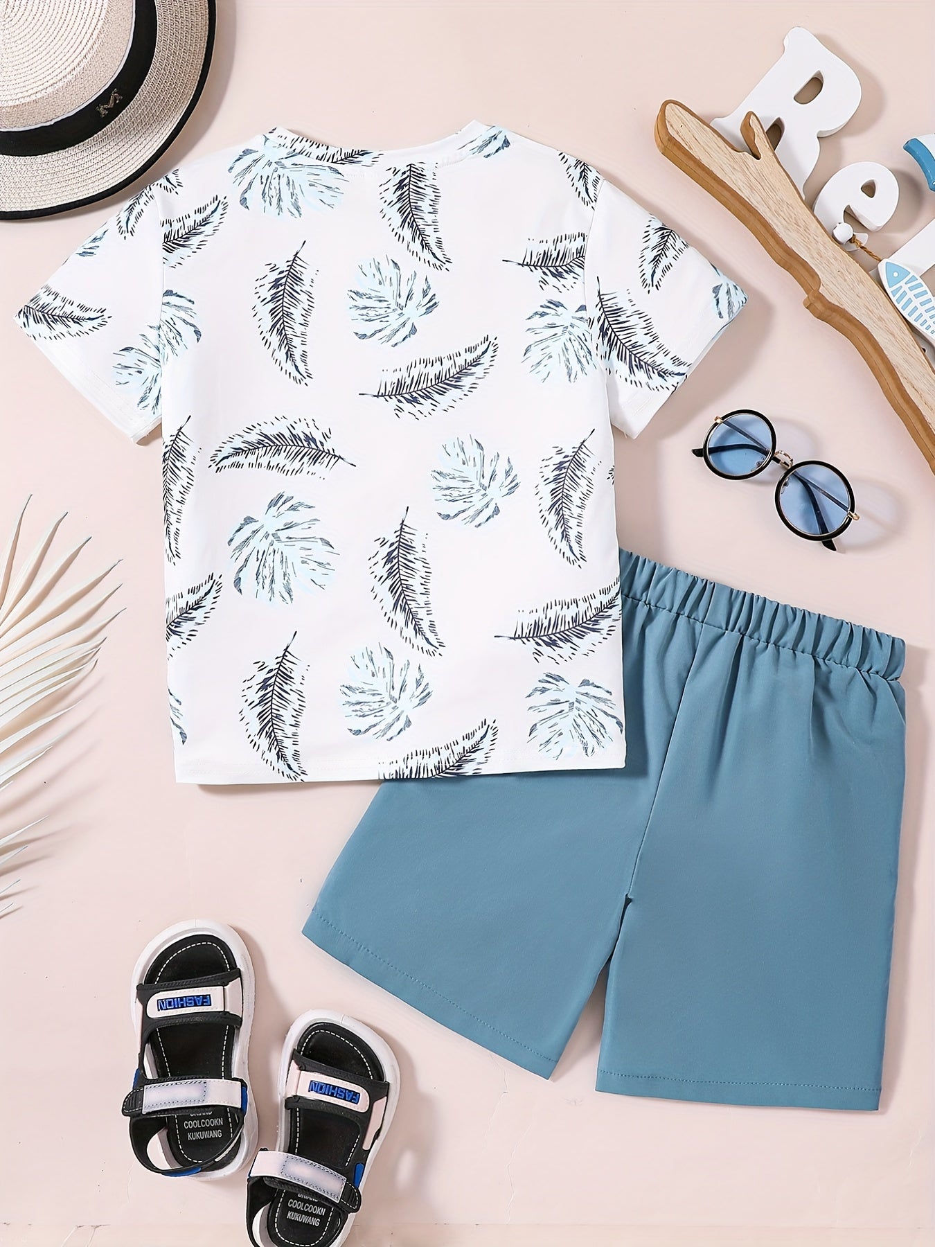 Boys Leaf Print Casual Outfit Round Neck T shirt & Shorts Kids Summer Clothes