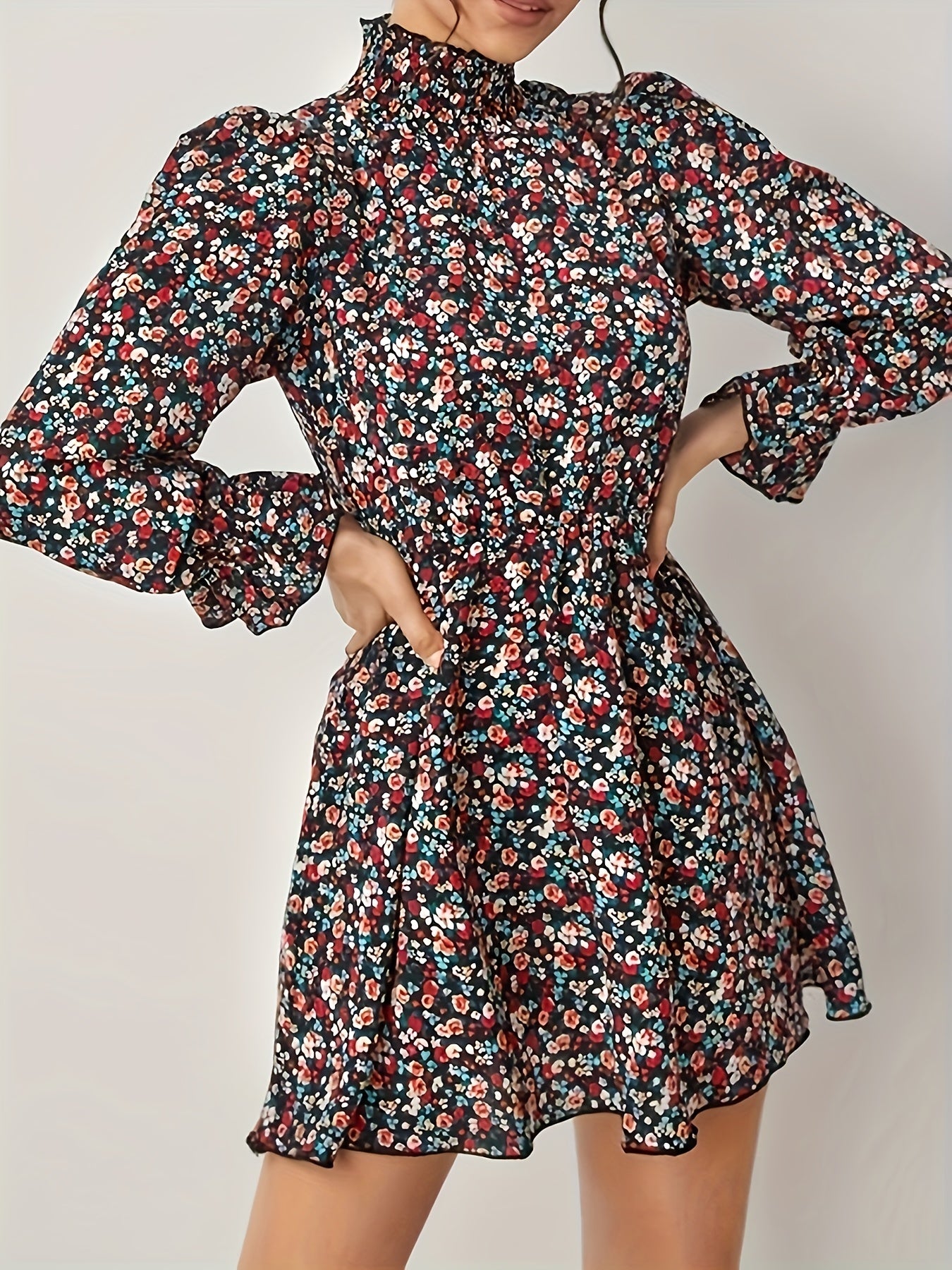 Allover Ditsy Print Lantern Sleeve High Neck Mini Dress