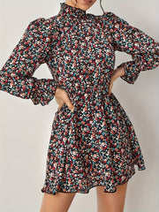 Allover Ditsy Print Lantern Sleeve High Neck Mini Dress