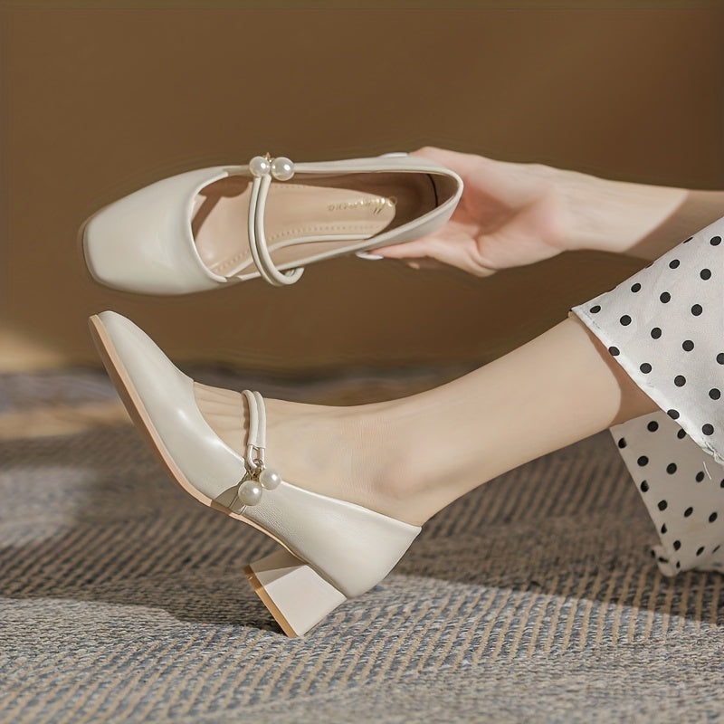 Women's Mid Heeled Mary Jane Faux Pearl Strap Dress Shoes