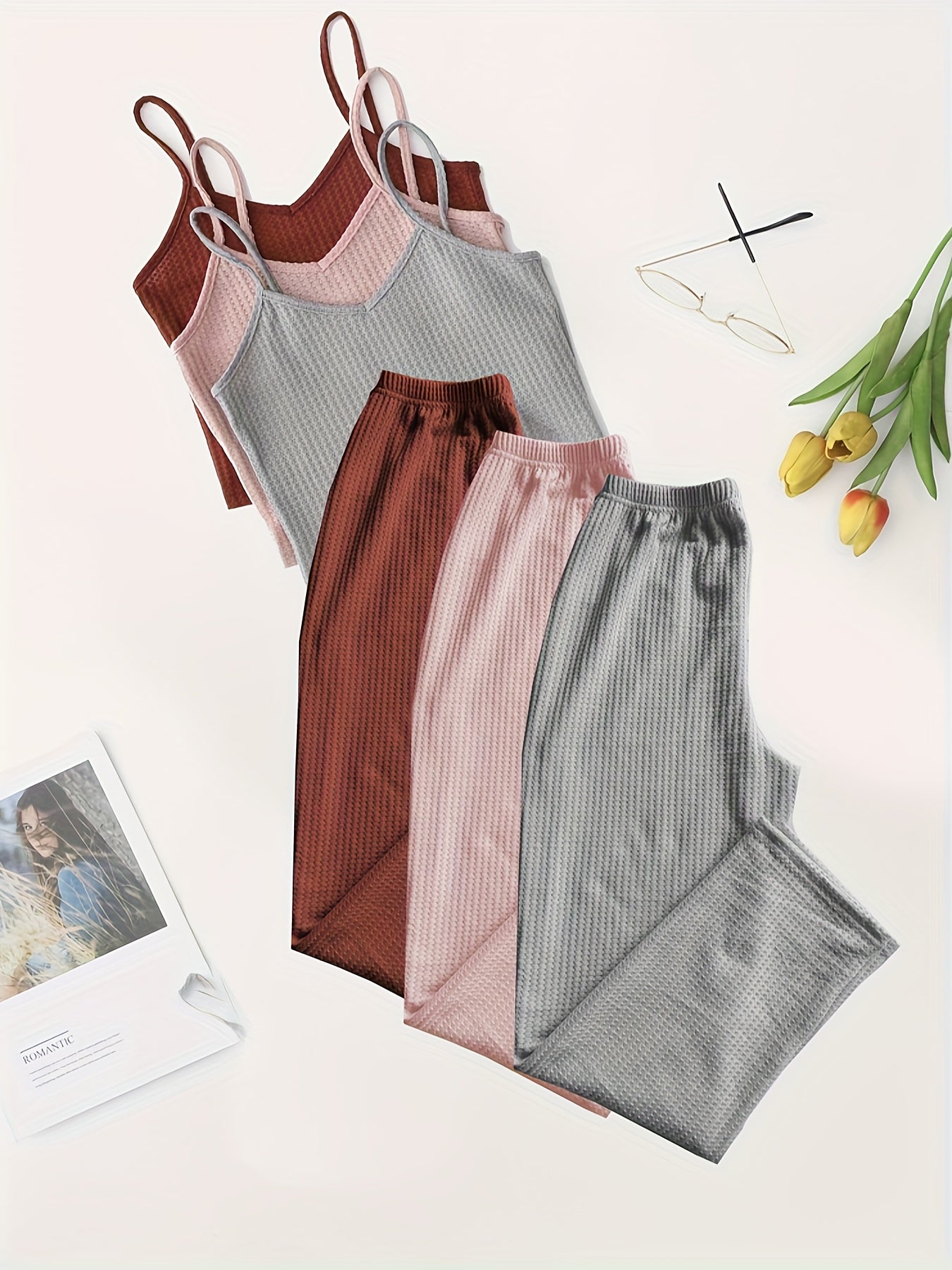 3-Piece Waffle Lounge Set Sleeveless Top & Elastic Pants