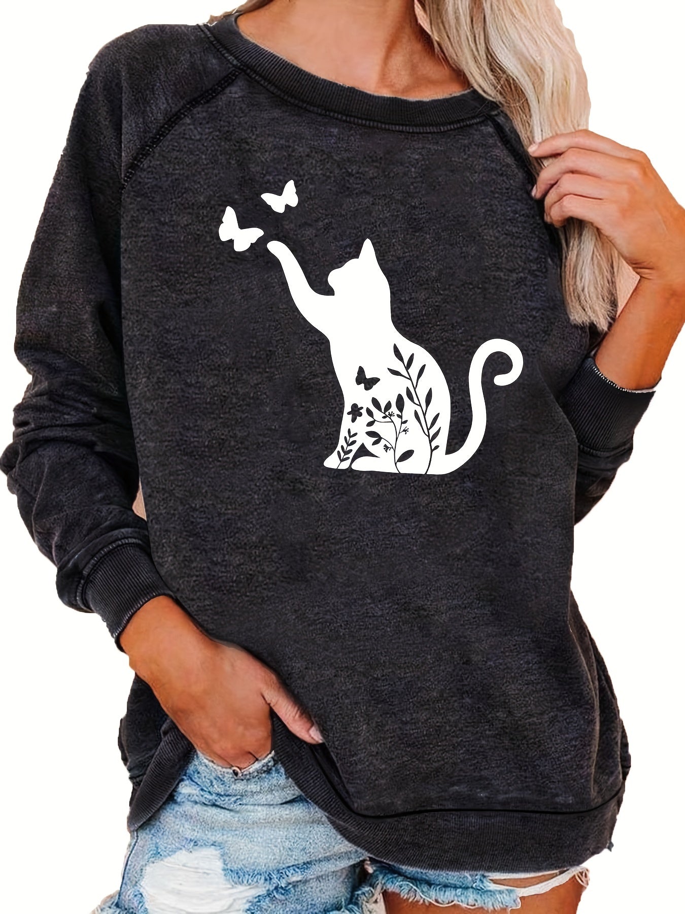 Cat & Butterfly Print Sweatshirt Long Sleeve Casual Sweatshirt Women's Clothing