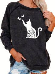 Cat & Butterfly Print Sweatshirt Long Sleeve Casual Sweatshirt Women's Clothing
