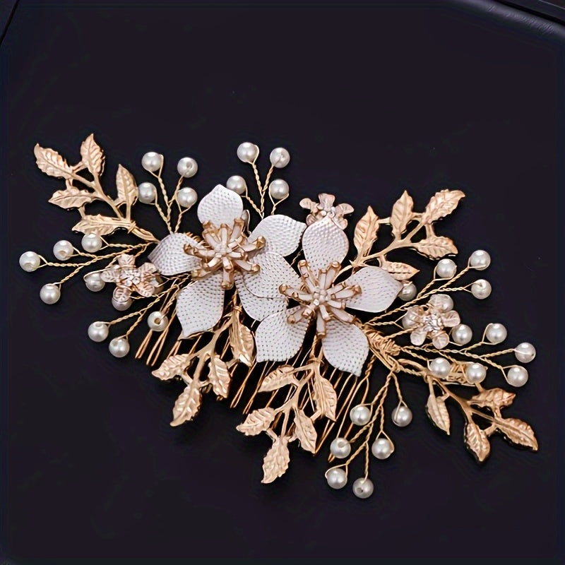 Bohemian Wedding Bridal Wreath Comb Faux Pearl Golden Hair Vine Accessory