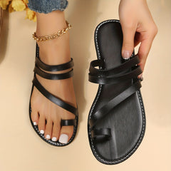 Women's Toe Loop Flat Slides Beach Shoes Casual Summer Sandals