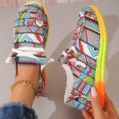 Women's Geometric Pattern Canvas Shoes Casual Lace Up Low Top Shoes