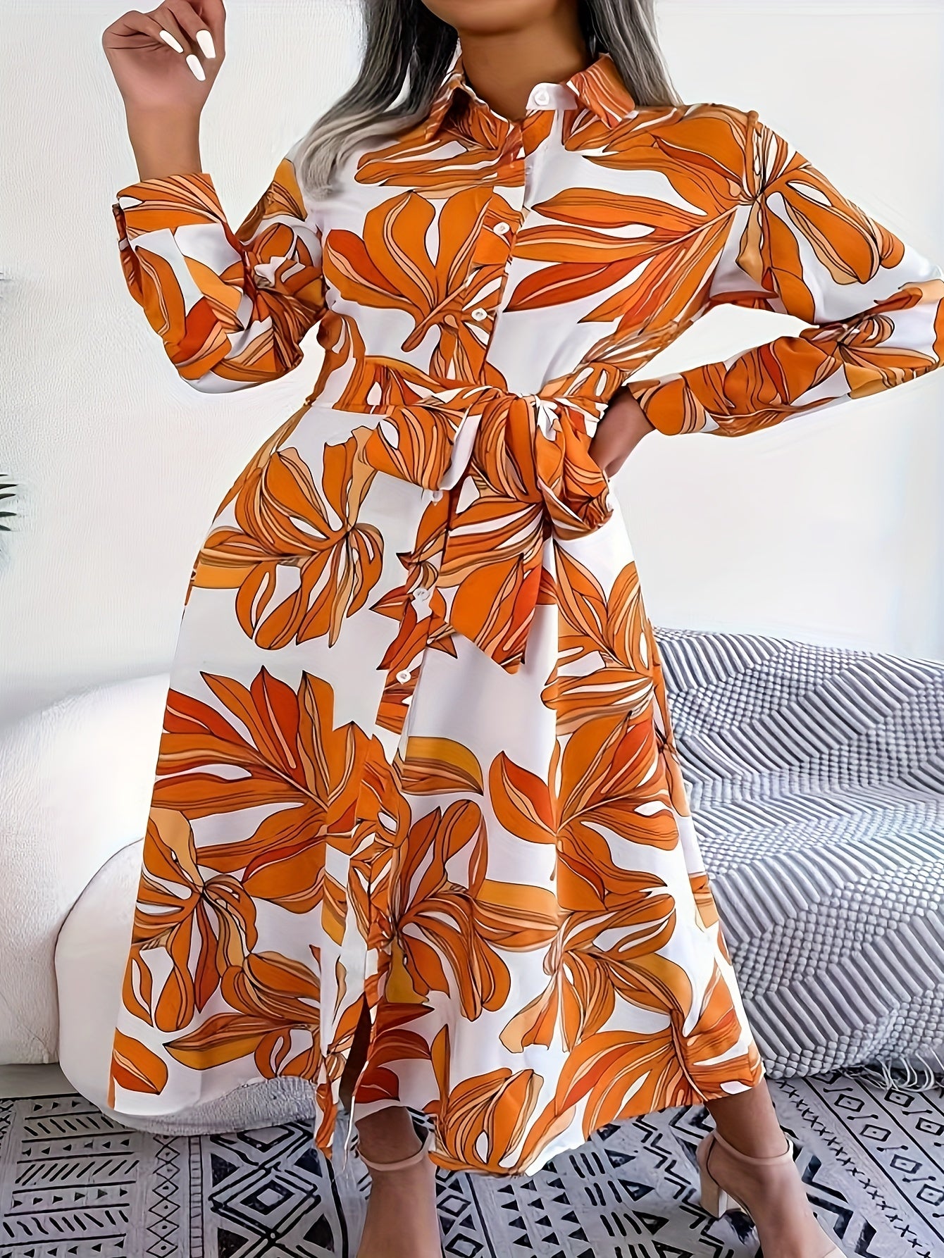 Women's Plus Leaf Print Long Sleeve Collar Shirt Dress
