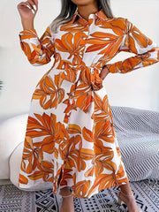 Women's Plus Leaf Print Long Sleeve Collar Shirt Dress