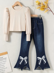 Girl's Denim Outfit 2pcs Top & Flared Jeans Set for Spring Fall