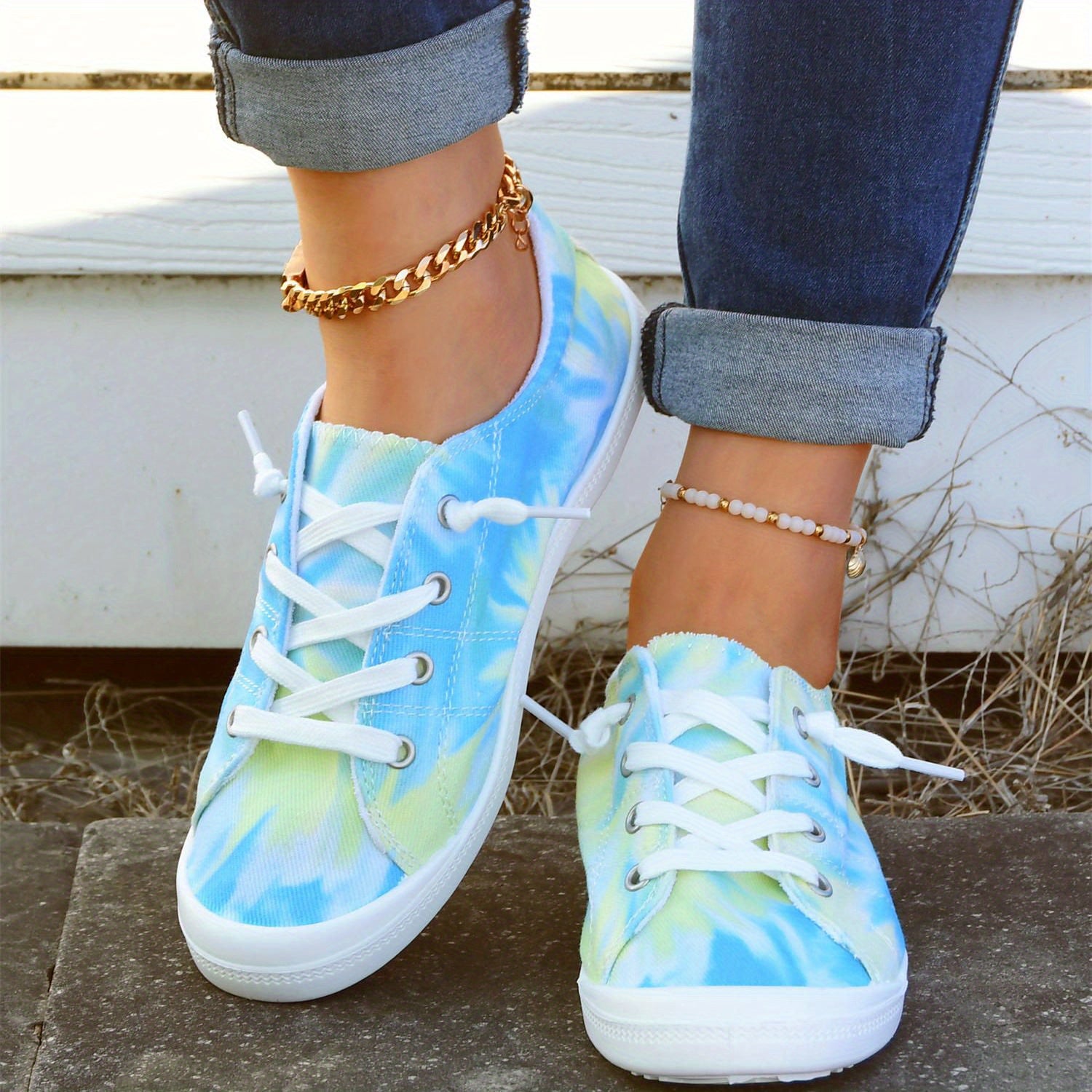 Women's Tie Dye Canvas Shoes Lace Up Flat Walking Anti Slip Sneakers